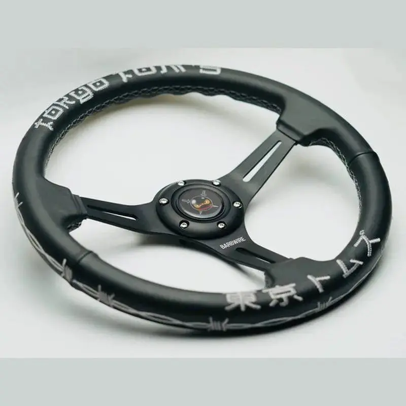 14" (350Mm) The Original "Barbwire" Leather Steering Wheel - Silver Stitching 1