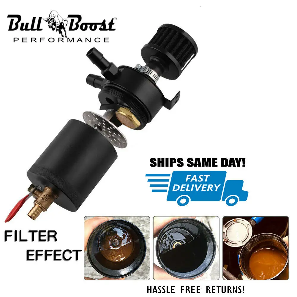 Black Aluminum Oil Catch Can Reservoir Tank Baffled Breather Kit 2-Port + Air Filter 1