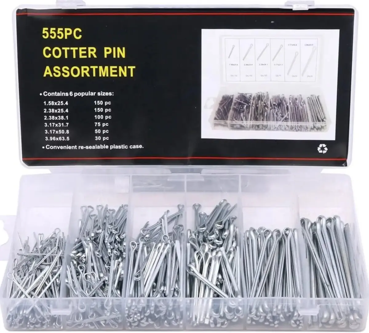 555Pcs Split Pin Heavy Duty Zinc Plated Cotter Pin Assortment Kit 1