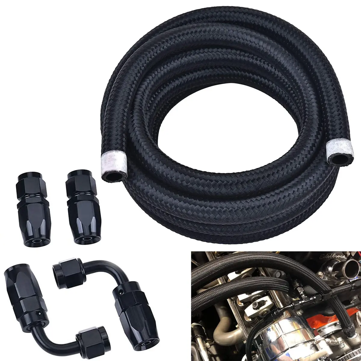 10An/8An/6An Fitting Stainless Steel Braided Oil Fuel Hose Line Kit 5Feet Black 1