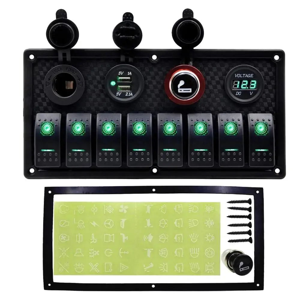 8 Gang Rocker Switch Panel Control Dual Usb Charging Ports Cigarette Lighter Socket 5