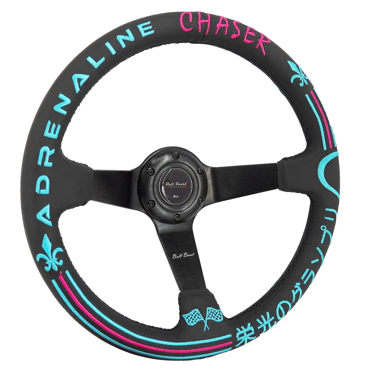 Universal 350Mm 3"Deep Dish 6-Bolt Steering Wheel Black Leather Adrenaline Chaser 1