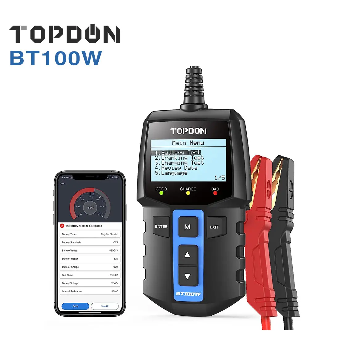 Topdon Bt100w 12V Bluetooth Battery Tester Automotive 2 In 1 Car Battery Tester 1