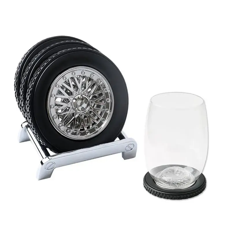 Creative Rubber Tire Wheel Rim Shaped Bottle Cup Coasters Car Truck Jdm Enthusiast Home Decoration (4Pcs Coasters+1Pcs Shelf) 1
