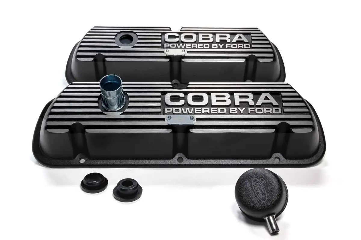 Ford Performance M-6582-A Valve Covers – Black Satin Finish With "Cobra Powered By Ford" Logo – Fits 289/302/351W 1