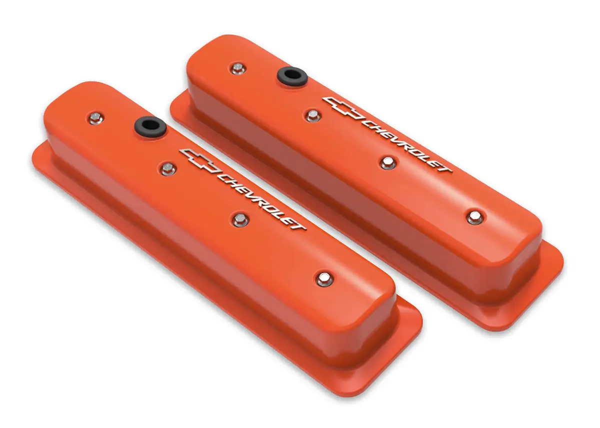 Holley Sbc Valve Covers Gm Chevrolet Bowtie Center Bolt Orange Finish 1