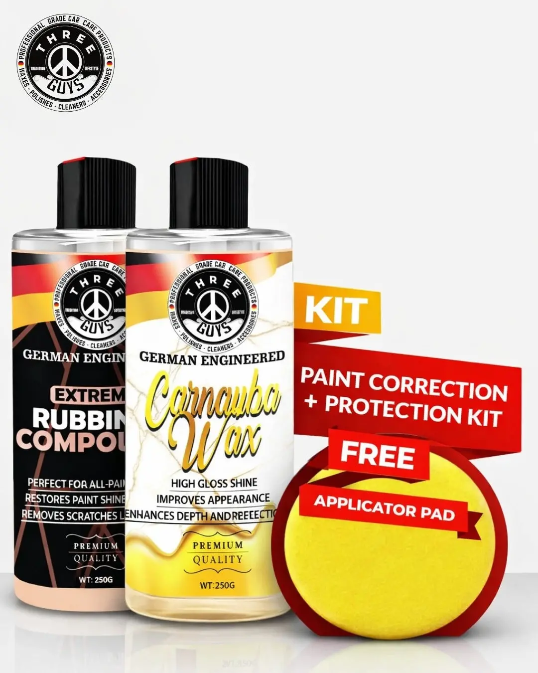 Paint Correction & Protection Kit | Three Guys | Extreme Rubbing Compound + Carnauba Wax | Free Applicator Pad (250G X 2) 1