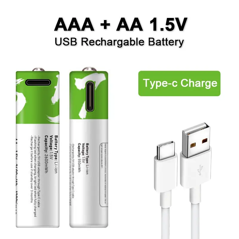 Bright Beam Usb Rechargeable 2Xaa And 2Xaaa Battery Combo: Aa 1.5V 2600Mwh And 1.5V Aaa 750Mwh Li-Ion 1