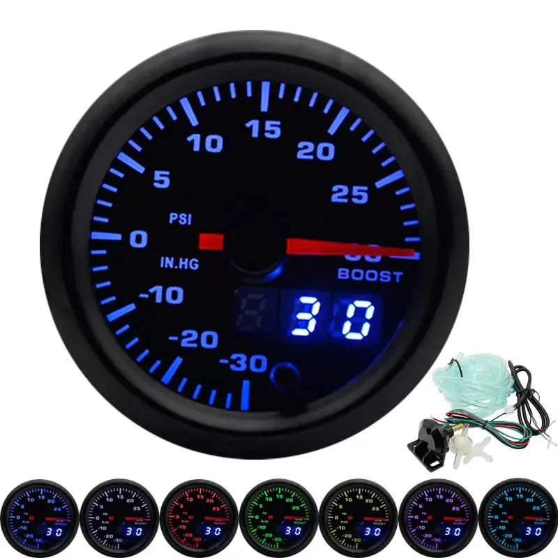 2" 52Mm 7 Colors Led Dual Display Boost/Water/Oil Temp/Oil Pressure/Volt/Air Fuel Ratio/Egt/Tachometer Car Gauge +Gauge Pods 9