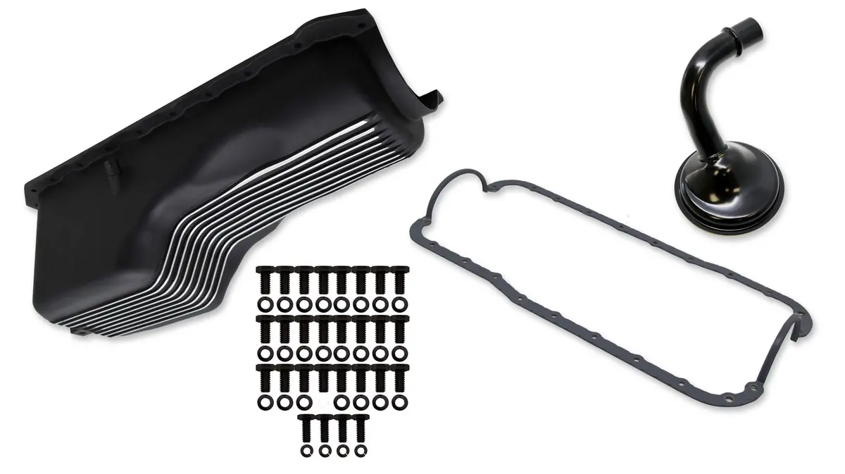 Weiand 4 Qt Black Finned Aluminum Oil Pan Kit – Fits 1965–1990 Big Block Chevy 396, 427, 454 – 2-Piece Rear Main Seal 1