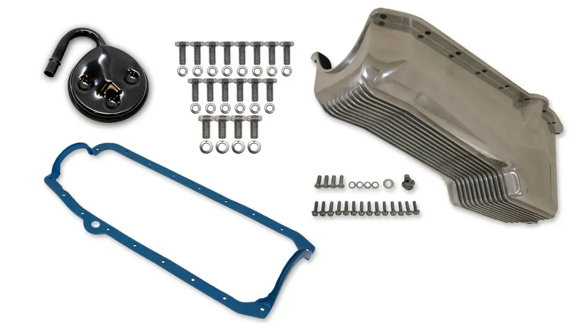 Weiand 4 Qt Finned Aluminum Oil Pan Kit – Polished – Fits 1958–1979 Small Block Chevy 283, 305, 327, 350, 400 – 2-Piece Rear Main Seal 1