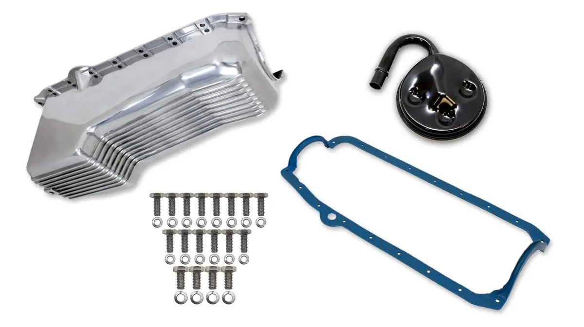 Weiand 4 Qt Finned Aluminum Oil Pan Kit – Polished – Fits 1986–2002 Small Block Chevy 305, 350 – One-Piece Rear Main Seal 1