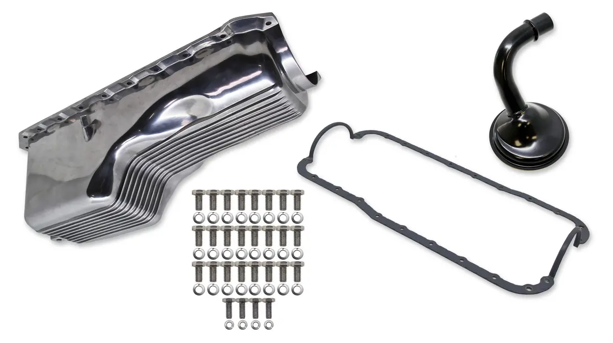 Weiand 4 Qt Finned Aluminum Oil Pan Kit – Polished – Fits 1965–1990 Big Block Chevy 396, 427, 454 1