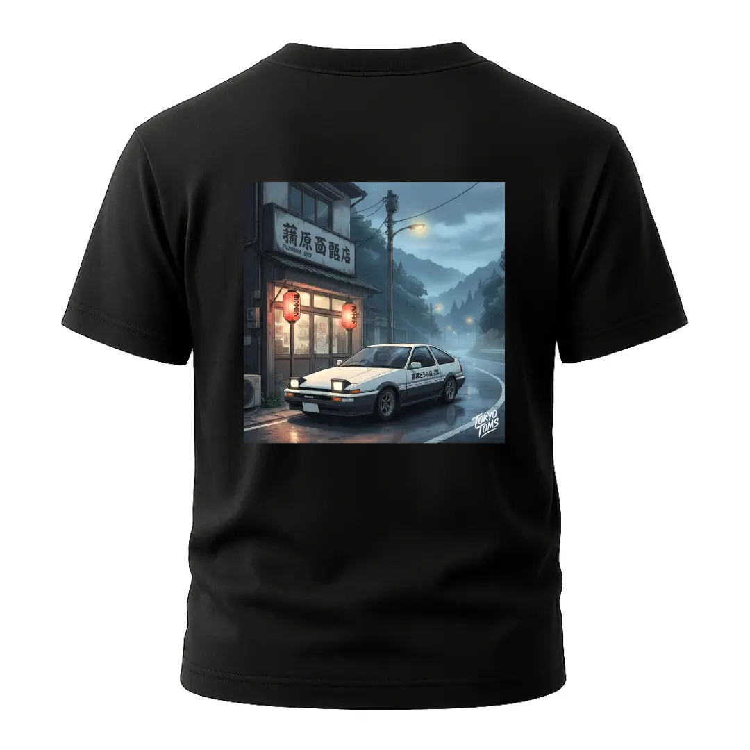 Stylish Initial D AE86-inspired t-shirt featuring a smoky, atmospheric shop runs design
